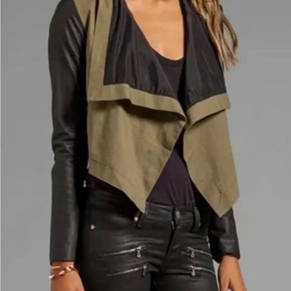 PJK Patterson J Kincaid Olive Black Lamb Leather Sleeve Jacket Medium Moto Chic